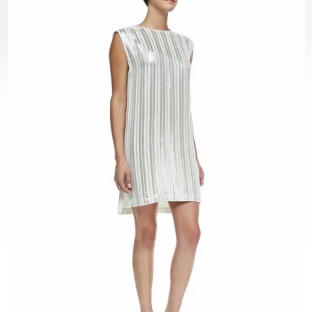 Rebecca Minkoff Lars Silver And Ivory Metallic Striped Silk Shift Dress Sz S